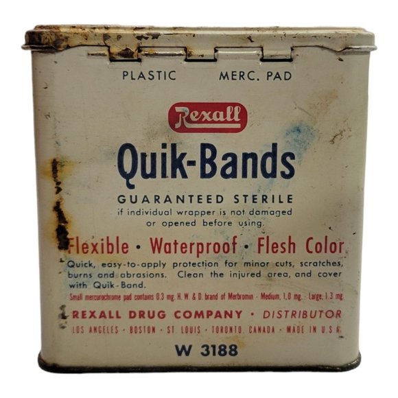 Vintage Rexall Quik Bands Metal Tin Box Pro Cap Bandages Empty Retro First Aid - Picture 2 of 11